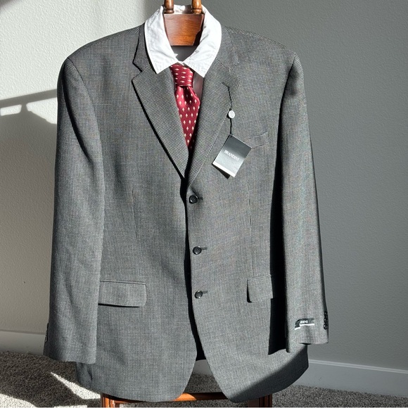 NWT Brandini 44L Wool Blazer Black Grey Sport Coat Classic Jacket Long 100% Wool